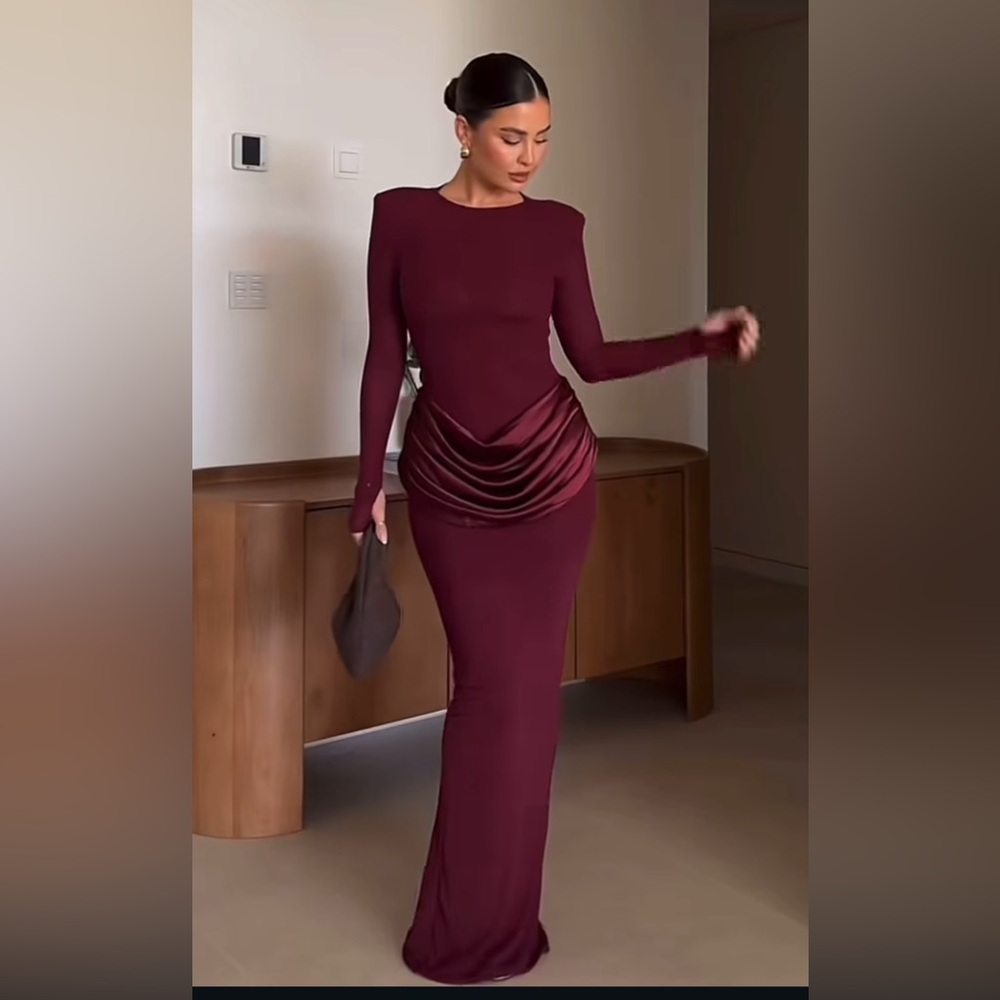 ASOS - Wanderdoll burgundy long sleeve Eman dress mesh maxi dress draped waist - Picture 10 of 14